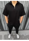 Yarım Fermuarlı Basic T-Shirt - Siyah -