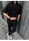 Yarım Fermuarlı Basic T-Shirt - Siyah -