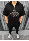 Yarım Fermuarlı Baskılı Oversize T-Shirt - Siyah -