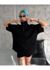 Yarım Fermuarlı Düz Oversize T-Shirt - Siyah -