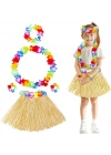 Yetişkin Çocuk Hawaii Parti Seti - 40 Cm Naturel Etek + Çiçek Aksesuarlar (5 Parça)
