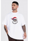 Yılbaşı Gözlüklü Noel Baba Baskılı Kısa Kollu Oversize Bisiklet Yaka T-shirt - Beyaz