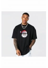 Yılbaşı Gözlüklü Noel Baba Baskılı Kısa Kollu Oversize Bisiklet Yaka T-shirt - Siyah