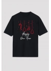 Yılbaşı Happy New Year Baskılı Kısa Kollu Oversize Bisiklet Yaka T-shirt - Siyah
