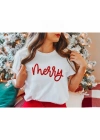 Yılbaşı Merry Christmas Baskılı Kısa Kollu Oversize Bisiklet Yaka T-shirt - Beyaz