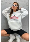 Yılbaşı Merry Christmas Baskılı Oversize Kapüşonlu Sweatshirt Hoodie - Beyaz