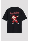 Yılbaşı Merry Christmas Noel Baba Baskılı Oversize Bisiklet Yaka T-shirt - Siyah