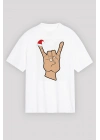 Yılbaşı Noel Başlıklı Serçe Parmak Baskılı Oversize Bisiklet Yaka T-shirt - Beyaz