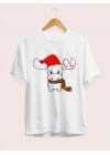 Yılbaşı Noel Ren Geyiği Baskılı Kısa Kollu Oversize Bisiklet Yaka T-shirt - Beyaz
