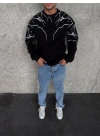Yıldırım Baskılı Bisiklet Yaka SweatShirt - Siyah