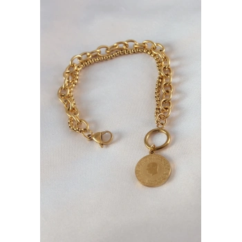 316L Çelik Gold Renk 2li Zincir Model Çeyrek Altınlı Kadın Bileklik