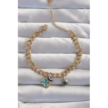 316L Çelik Gold Renk Nazarlı Kalp Model Zincir Bileklik
