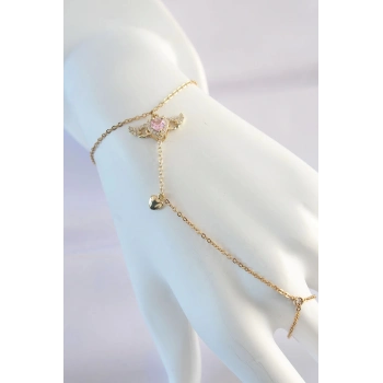 316L Çelik Gold Renk Pembe Zirkon Taşlı Kanatlı Kalp Model Şahmeran