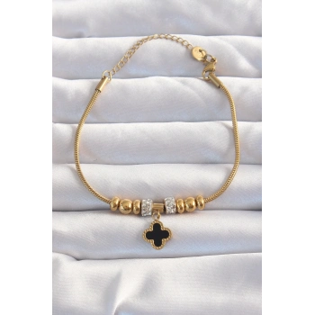 316L Çelik Gold Renk Zirkon Taş Aksesuarlı Siyah Mineli Yonca Bileklik