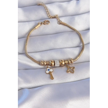 316L Çelik Gold Renk Zirkon Taşlı Yonca Detay Nazarlı Anahtar Tasarımlı Bileklik