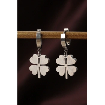 316L Çelik Gümüş Renk Yonca Küpe