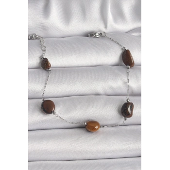 316L Çelik Gümüş Renk Zincir Kahverengi Doğaltaş Model Kadın Bileklik