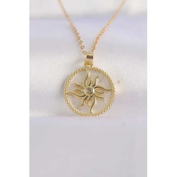 316L Çelik Zincir Altın Renk Zirkon Taşlı Oval Tasarım Güneş Kolye