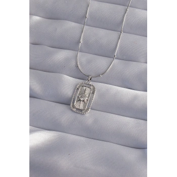 316L Çelik Zincir Gümüş Renk Zirkon Taşlı Tarot Kolye