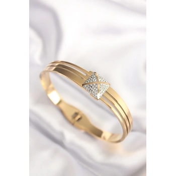 316L Çelik Zirkon Taşlı Gold Renk Kadın Kelepçe Bilezik