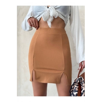 Çift Yırtmaçlı Etek Camel S25910