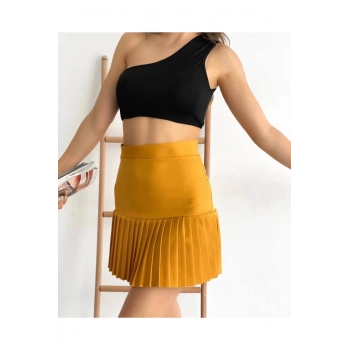 Altı pliseli mini etek hardal s24705