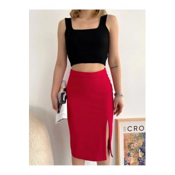 Yırtmaçlı Esnek Kumaş Midi Boy Etek Koyu Kırmızı