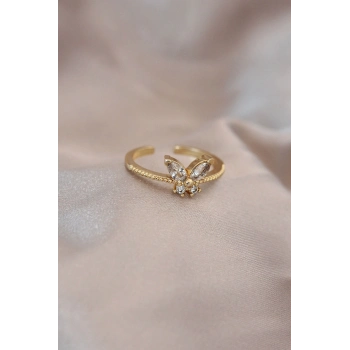 Ayarlamalı Altın Renk Metal Zirkon Taş ve Kristal Taşlı Kelebek Model Yüzük