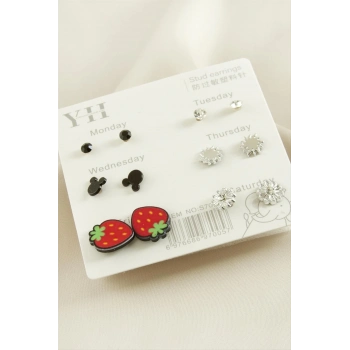 ÇOK SATAN 12 Adet Çilek Metal Taşlı Küpe