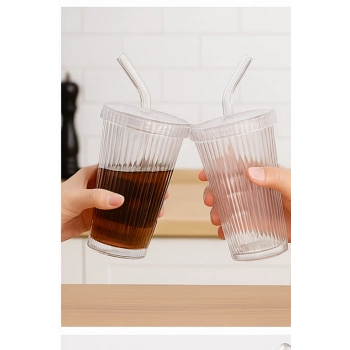 ÇOK SATAN 2 Adet Latte Kapaklı Pipetli Kristal Desen Fenomen Bardak Soğuk Kahve, Smoothie, İçecek Bardağı