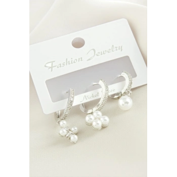 ÇOK SATAN 3 Adet Çiçek İnci Zirkon Taşlı Küpe