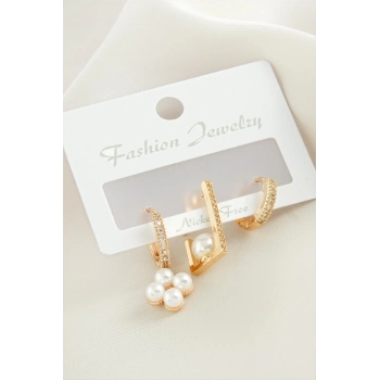 ÇOK SATAN 3 Adet Çiçek İnci Zirkon Taşlı Küpe