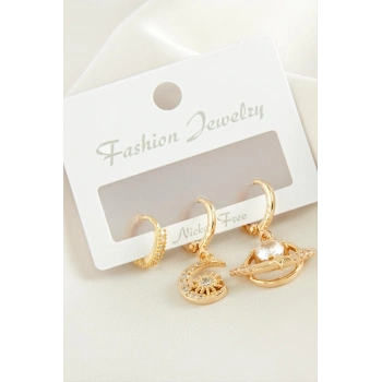 ÇOK SATAN 3 Adet Hilal Yıldız Zirkon Taşlı Küpe