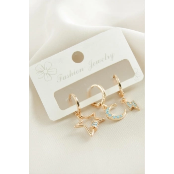 ÇOK SATAN 3 Adet Hilal Yıldız Zirkon Taşlı Küpe