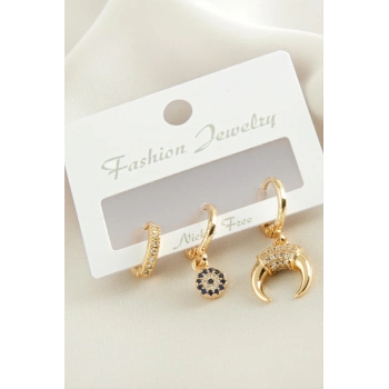 ÇOK SATAN 3 Adet Hilal Zirkon Taşlı Küpe