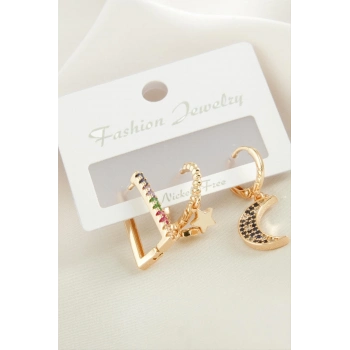 ÇOK SATAN 3 Adet Hilal Zirkon Taşlı Küpe