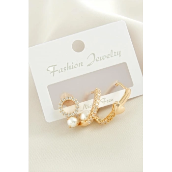 ÇOK SATAN 3 Adet Kalp İnci Zirkon Taşlı Küpe