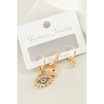 ÇOK SATAN 3 Adet Kalp Nazar Zirkon Taşlı Küpe