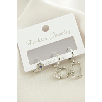 ÇOK SATAN 3 Adet Kalp Zirkon Taşlı Küpe