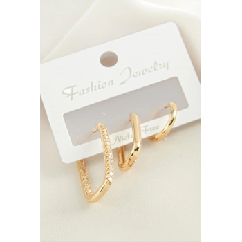 ÇOK SATAN 3 Adet Oval Zirkon Taşlı Küpe