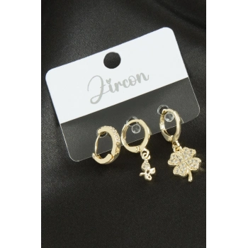 ÇOK SATAN 3 Adet Yonca Zirkon Taşlı Küpe