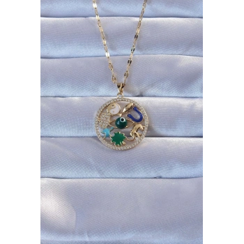 ÇOK SATAN 316L Altın Renk Zirkon Taşlı Şans Kolye