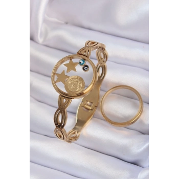 ÇOK SATAN 316L Çelik Altın Renk İçi Nazar Boncuk ve Yıldız Figürlü Açılabilir Fanus Kelepçe