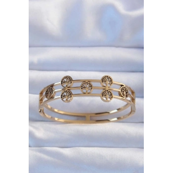 ÇOK SATAN 316L Çelik Altın Renk Minimal Yaşam Ağacı Tasarımlı Kelepçe