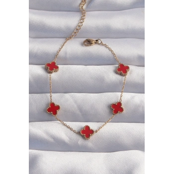 ÇOK SATAN 316L Çelik Baby Boy Gold Renk Kırmızı Mineli Yonca Bileklik