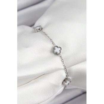 ÇOK SATAN 316L Çelik Beyaz Sedef Yonca Model Gümüş Renk Kadın Bileklik