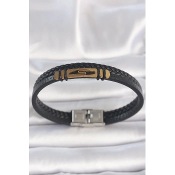 ÇOK SATAN 316L Çelik Gold Renk Aksesuarlı Çift Sıra Siyah Burgu Desenli Deri Kordon Erkek Bileklik