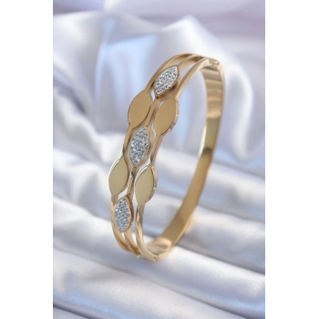 ÇOK SATAN 316L Çelik Gold Renk Arpa Model Zirkon Taş Detay Kadın Kelepçe Bileklik