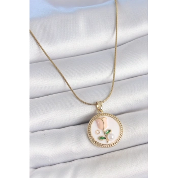 ÇOK SATAN 316L Çelik Gold Renk Beyaz Mineli İncili Çiçek İşlemeli Portre Model Kadın Kolye