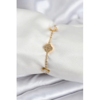 ÇOK SATAN 316L Çelik Gold Renk Beyaz ve Zirkon Taşlı Baby Boy Yonca Kadın Bileklik